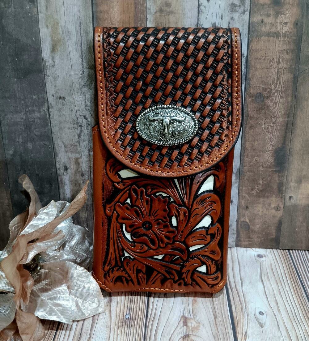 Longhorn Cowboy Belt Loop Phone Holster Lasercut Tan & Beige Sz Large 7x 3.5"